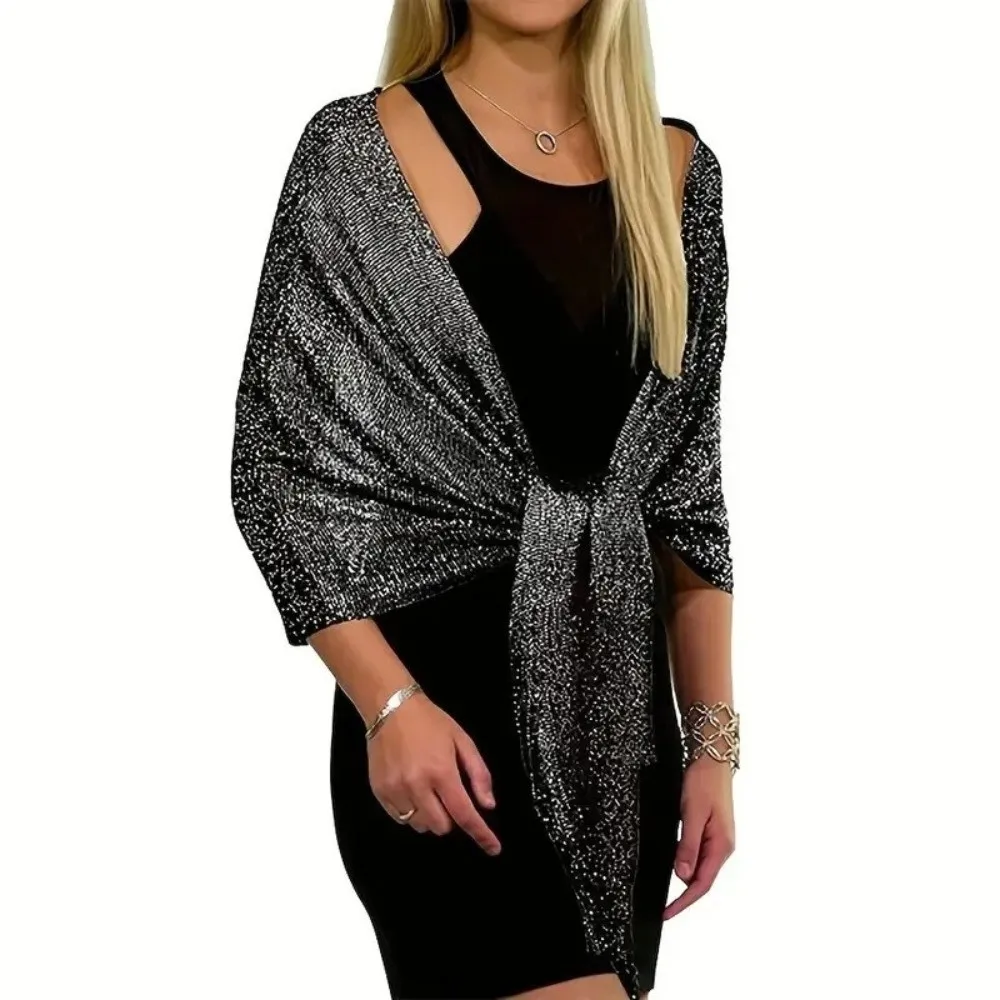 Elegant Shiny Metallic Scarf Gold Silver Thread​ Long Banquet Shawl with Tassel Bridal Wedding Wrap