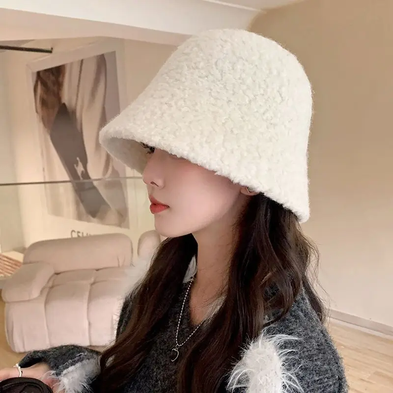 Autumn Winter for Women New Classic Simple Warm Wool Lamb Bucket Hats Versatile Fashion Japanese Ladies Pannama Fisherman Cap