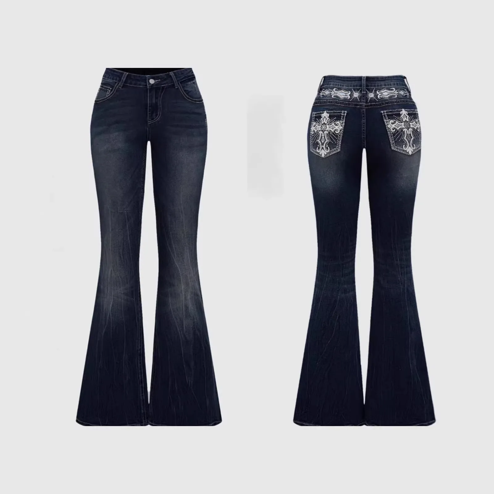 Denim Pant Women Bootcut Jeans Embroidery Vintage Washed Mid Waist Straight Trousers Slim Fit Y2k Streetwear Work Casual Summer