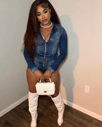 2025 Fashion Women Clothes V-Neck Long Sleeve Belt Denim Short Jumpsuit Summer Y2k Streetwear Casual Party Jean Romper Playsuit
