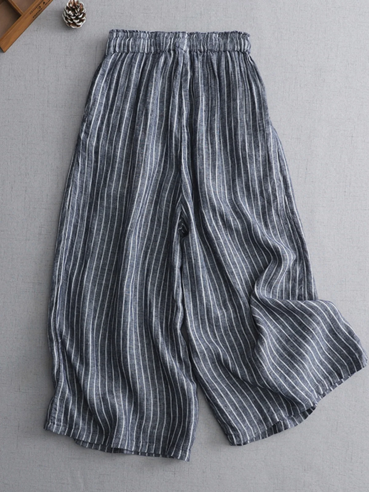 

Летние тонкие хлопковые льняные полосатые широкие брюки с высокой талией, утягивающие повседневные брюки с девятью точками, женские брюки больших размеров