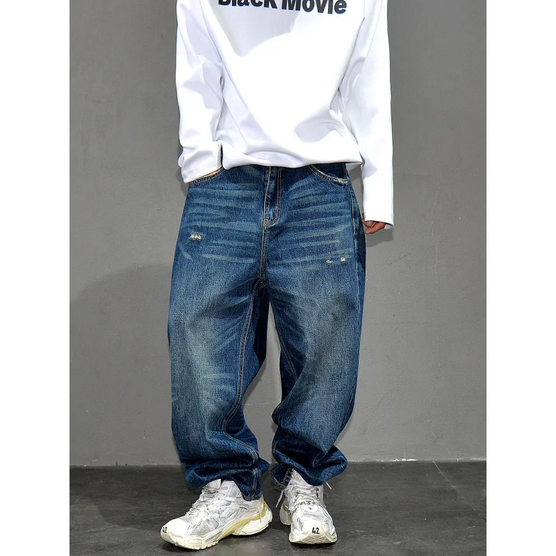 

Retro Blue Simple Washed Loose Straight Jeans Men, Japanese American Casual Versatile Street Pants