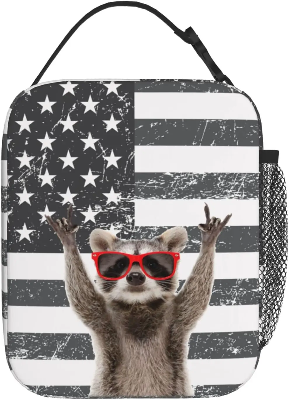 Funny Raccoon Lunch Box for Men Women American Flag Small Lunch Bag with Side Pockets for Office Work Picnic Reusable Portable