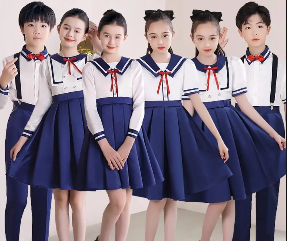 Chorus infantil saia da marinha uniforme escolar, roupa de marinheiro, traje para meninos e meninas, alunos do ensino primário