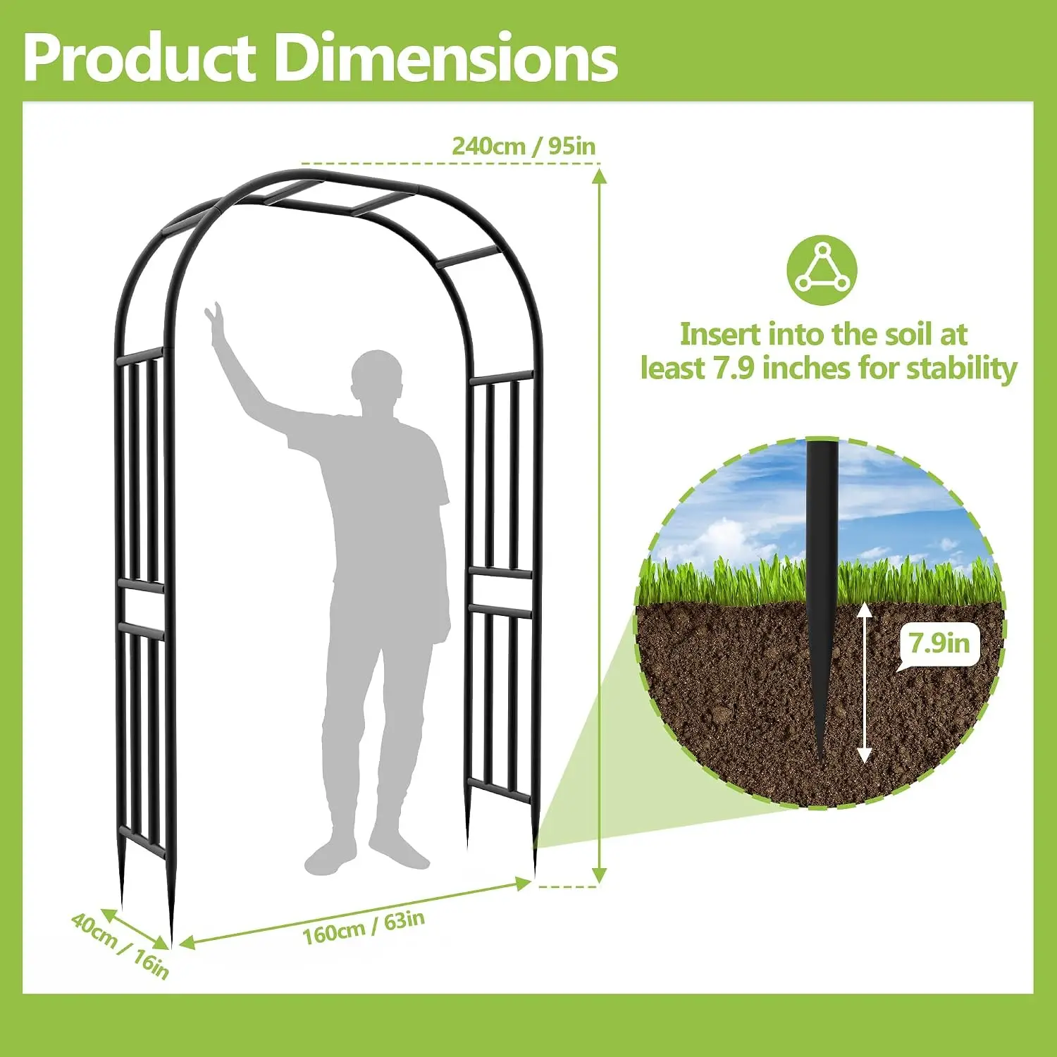 Outdoor Garden Arbor Trellis Arch, Heavy-Duty 16 mm Pipe Frame, 94.5 in H x 63 in L