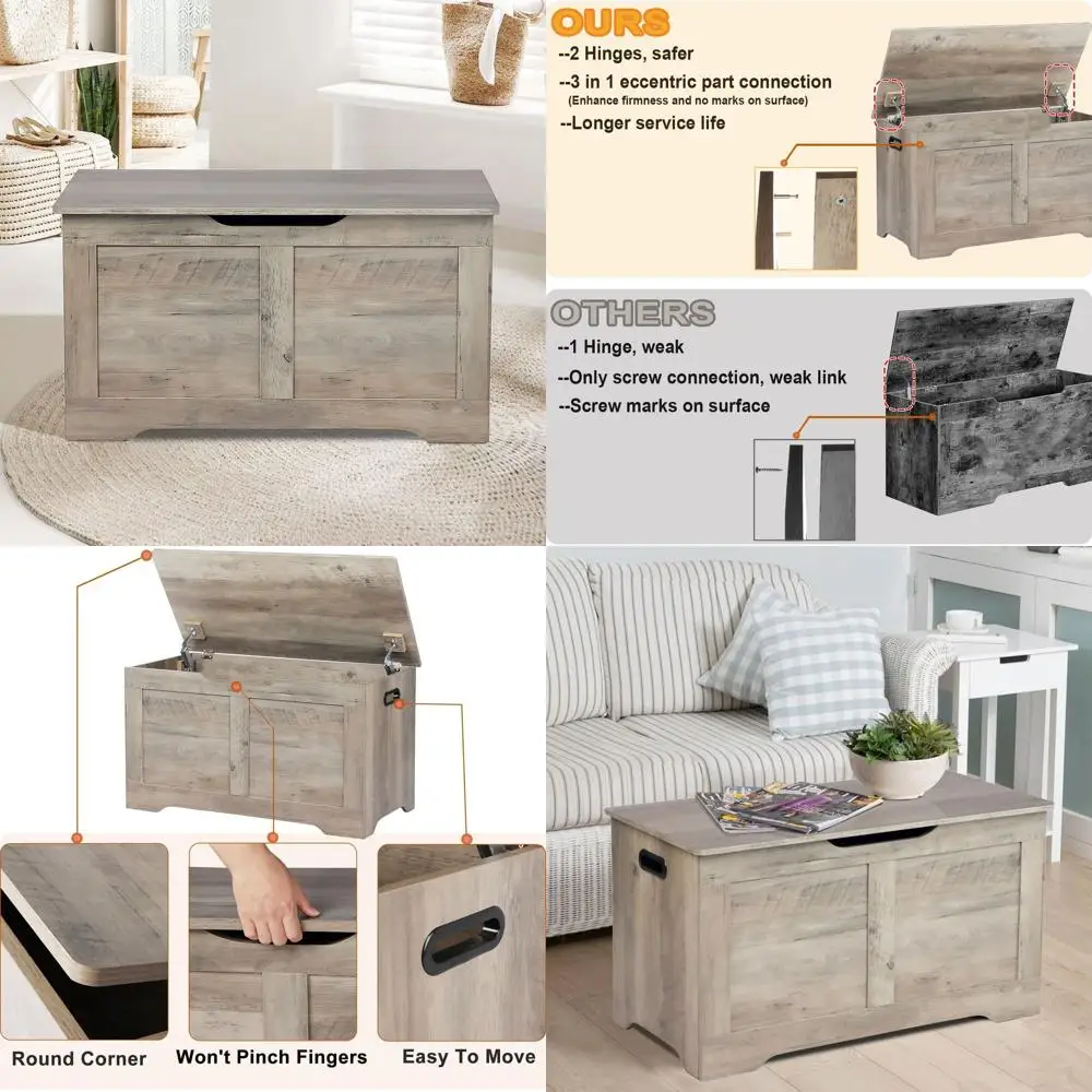 Cofre de almacenamiento con tapa elevable de madera gris con 2 bisagras de seguridad, caja de juguetes grande para sala de estar, dormitorio y banco de zapatos de entrada