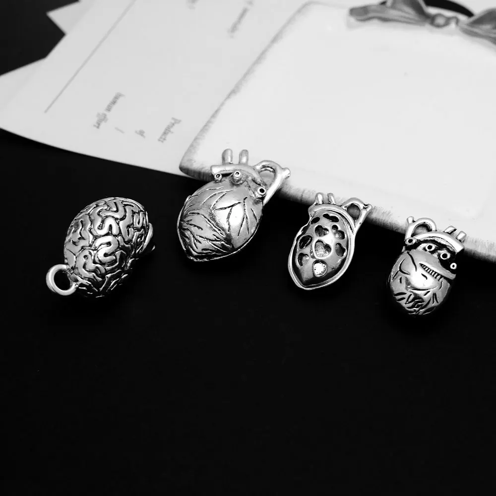 Antique Silver Plated Body Organs Charms Heart Lung Brain Pendants For Diy Keychain Jewelry Making Findings Supplies Accessories