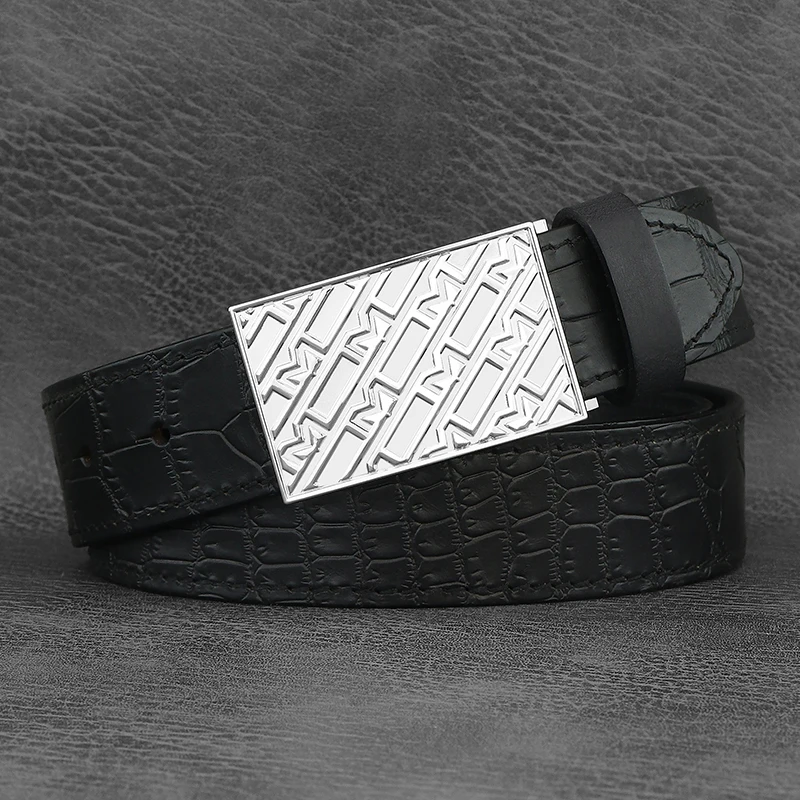 Cinturones marrones vintage de lujo de alta calidad para hombre, hebilla deslizante, cinturilla de diseñador en relieve, pantalones vaqueros de cuero genuino para hombre, ceinture homme