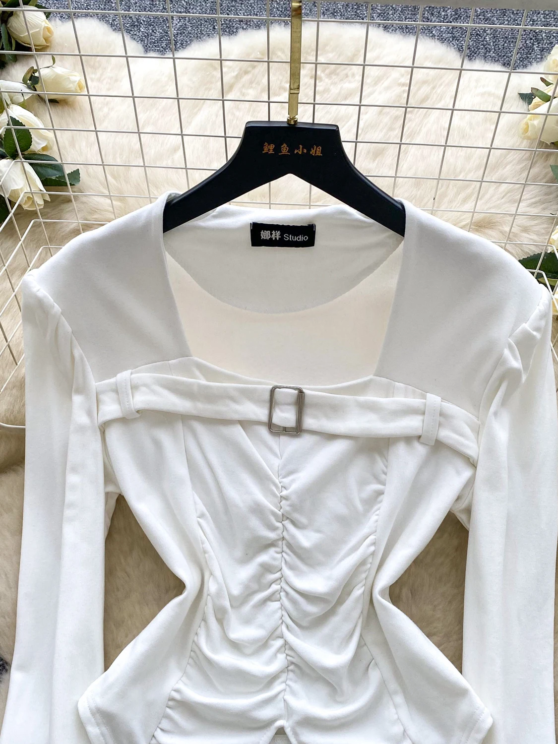 تي شيرت نسائي طويل بياقة مربعة من Ele تي شيرت بخصر وطبقة أساسية لخريف وشتاء تي شيرت متعدد الاستخدامات #3