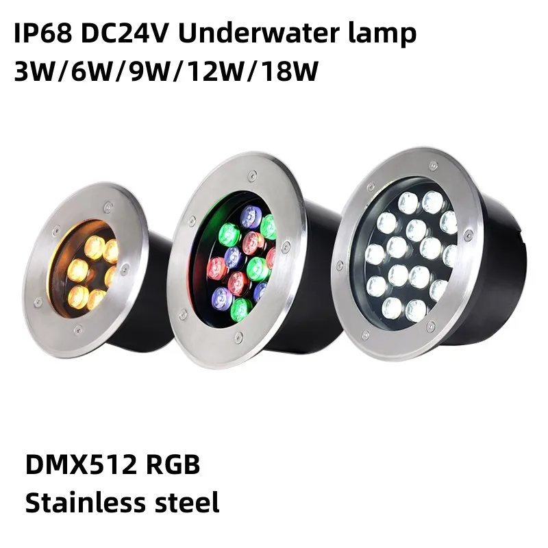 IP68 waterproof Underwater Lamp DMX 512 RGB DC24V Fountain Light 3W6W 9W 12W 18W Embedded Stainless steel Buried Square lighting