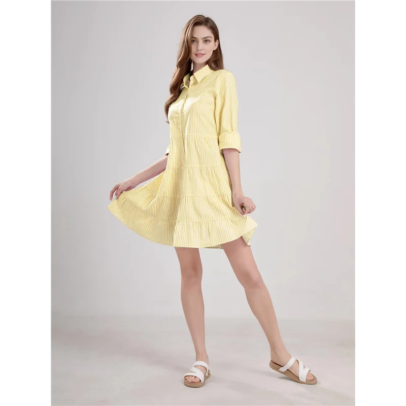 ASDS-robe chemise mi-longue rayée boutonnée pour femmes, décontractée, ample, revers, manches longues, robes mi-longues