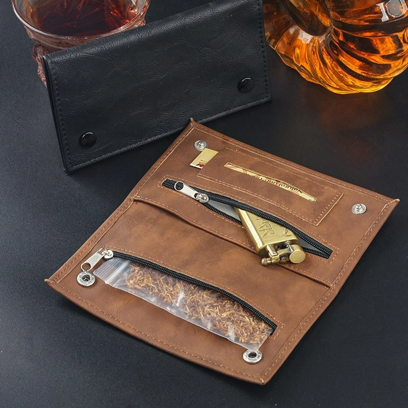 Leather Tobacco Pouch Case Bag Portable Smoking Paper Holder Case Pouch Wallet Bag Foldable Tobacco Storage Bag Pouch Case Gift