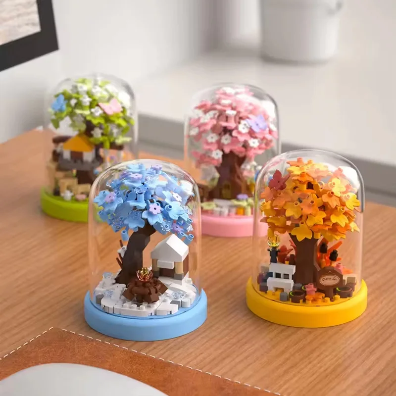 Cherry Blossom Tree House Potted Plant Micro Building Blocks With Transparent Dust Cover Assembly Ornaments MOC Bricks DIY Toys
