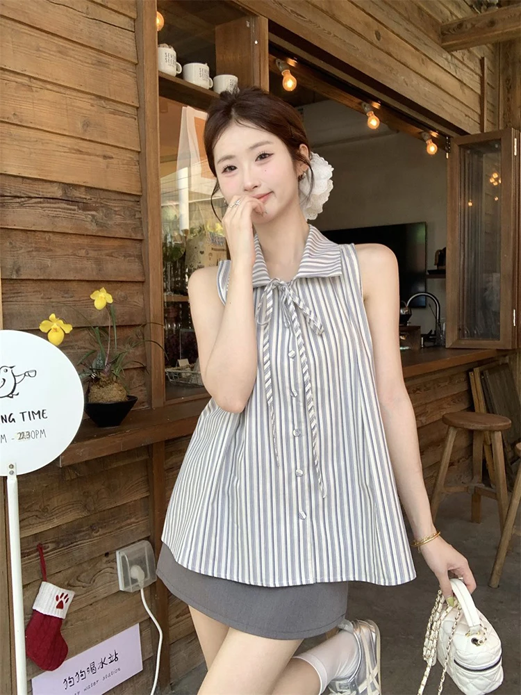 Vintage Striped Sleeveless Shirts Women Summer Loose Lapel Lace Up Blouse Y2K French Elegant Casual Female All Match Tops New