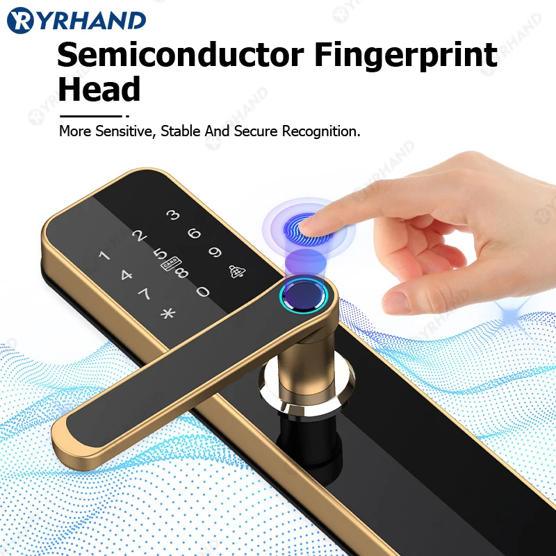 YRHAND Gold Biometric Intelligent Door Lock TUYA WIFI Remote Unlock Fingerprint Card Password Key Password Smart Door Lock