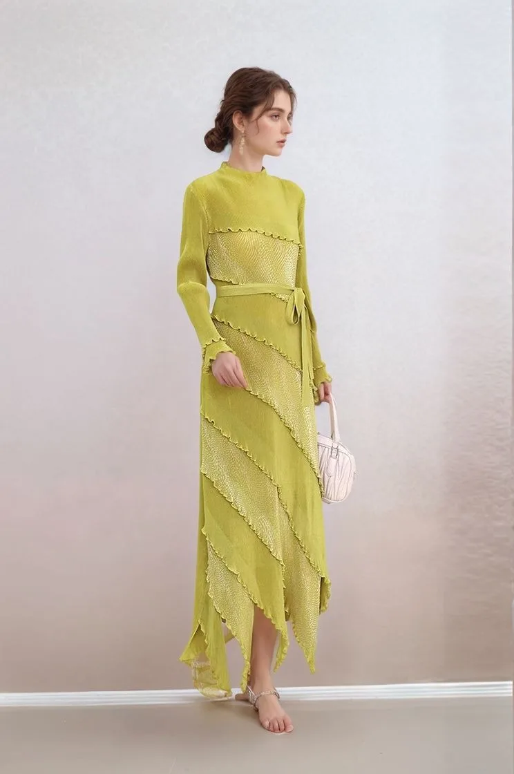 فستان ماكسي مطوي للنساء بأكمام طويلة وكشكشة متدرجة للحفلات المسائية فستان بوهو أنيق للحفلات المسائية