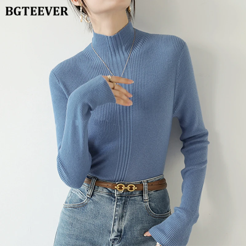 

BGTEEVER Elegant Half High Collar Women Sweaters Spring Auutmn Long Sleeve Women Skinny Knitted Pullovers