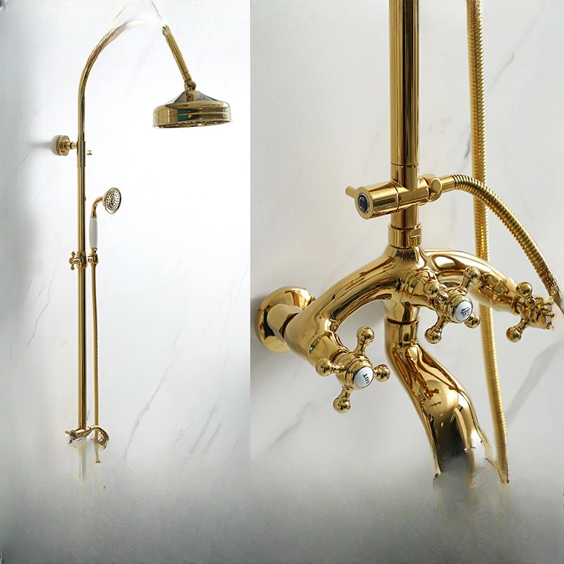 Golden retro hotel shower shower set wall-mounted bathroom double-control faucet big top spray