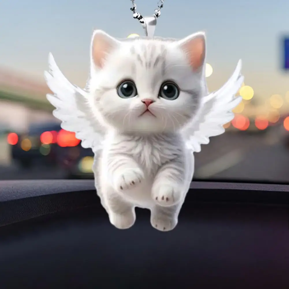 Cute White Kitten Pendant with Lanyard Whimsical Charm Auto Car Pendant Modern Whimsical Angel Cat Rearview Mirror Ornament Gift