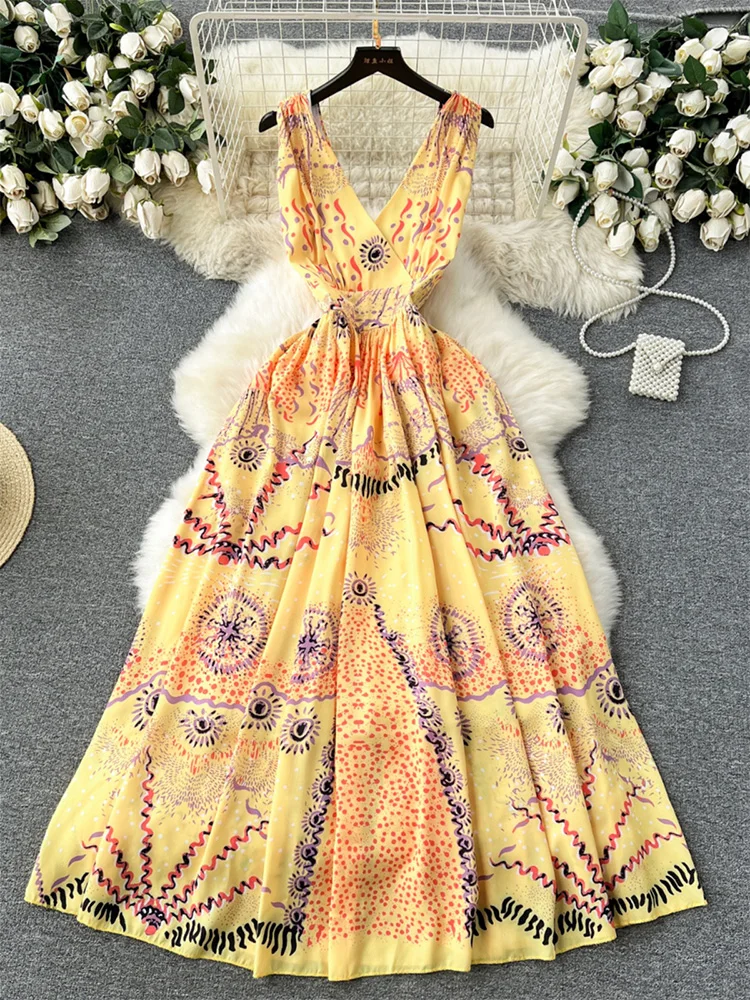 Summer Vacation Dress Woman 2024 Sleeveless V Neck Elegant Evening Party Long Dresses Women Vintage Print Chiffon Maxi Dress