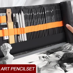 27/38/47 Pcs/Set Sketch Pencils with Canvas Roll Up Pencil Bag Art Drawing Charcoals Kneaded Eraser Sketching Painting Stationer