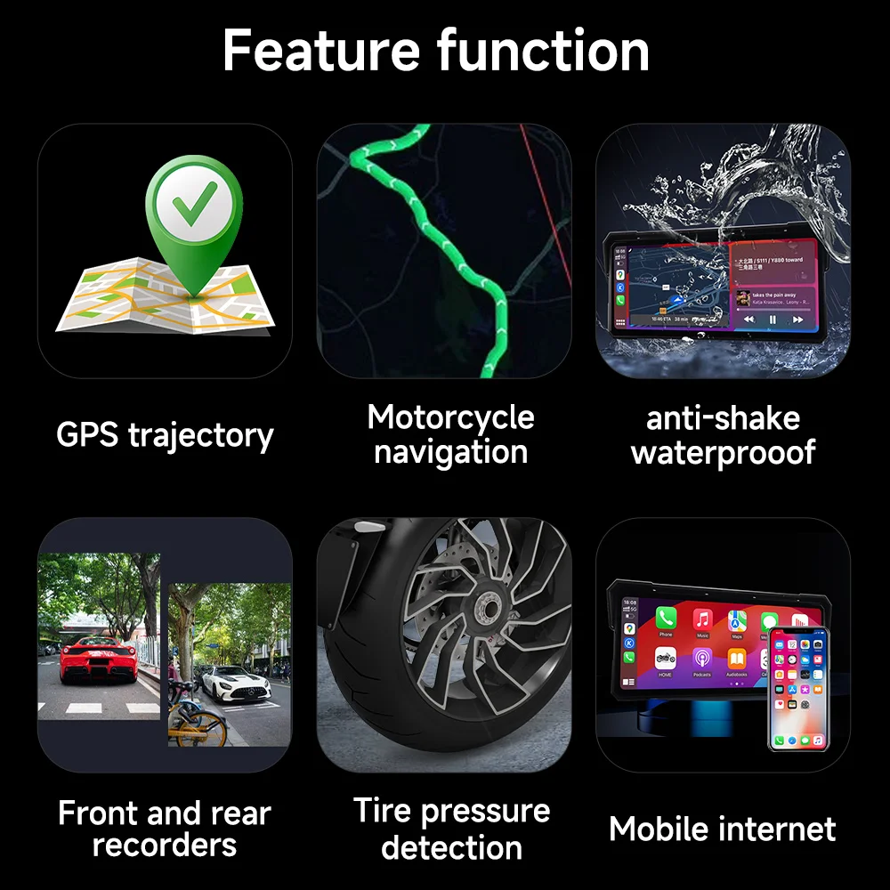 8.1'' motorcycle multimedia player 2K HD GPS navigation video recorder wireless CarPlay Android Auto IPX8 waterproof screen BT