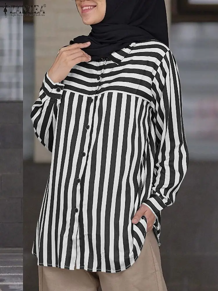 ZANZEA Women Long Sleeve Muslim Blouse 2024 Autumn Striped Shirts Female OL Work Tops Elegant Lapel Neck Buttons Down Blusas