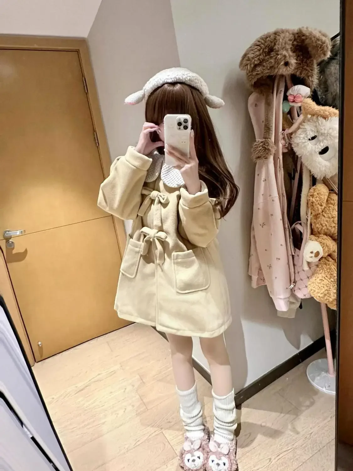 Sweet Cute Girl Peter Pan Collar Patchwork Contrast Color Loose Tie Bow Y2k Top Women Coat Winter New Wrap Coat Abrigos Mujer