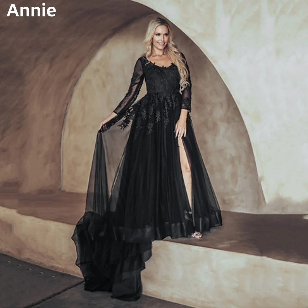 

Annie Готическое черное свадебное платье Кружева с вышивкой из тюля с длинными рукавами Пром платья с открытой спиной Элегантные женские платья на заказ