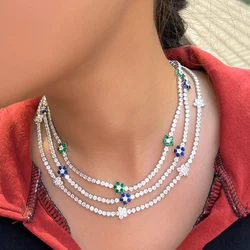 CWWZircons Shiny Luxury Daisy Flower Charm Green Blue Cubic Zirconia Tennis Chain CZ Choker Necklace for Women Accessory CP128