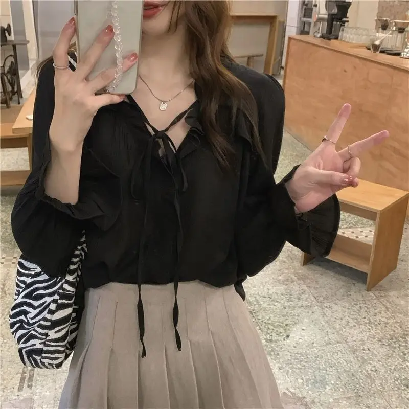 Temperament V Neck Lacing Thin Shirt Tops Spring New Long Sleeve Solid Loose Lacing Korean Blouse Fashion Sweet Women Clothing