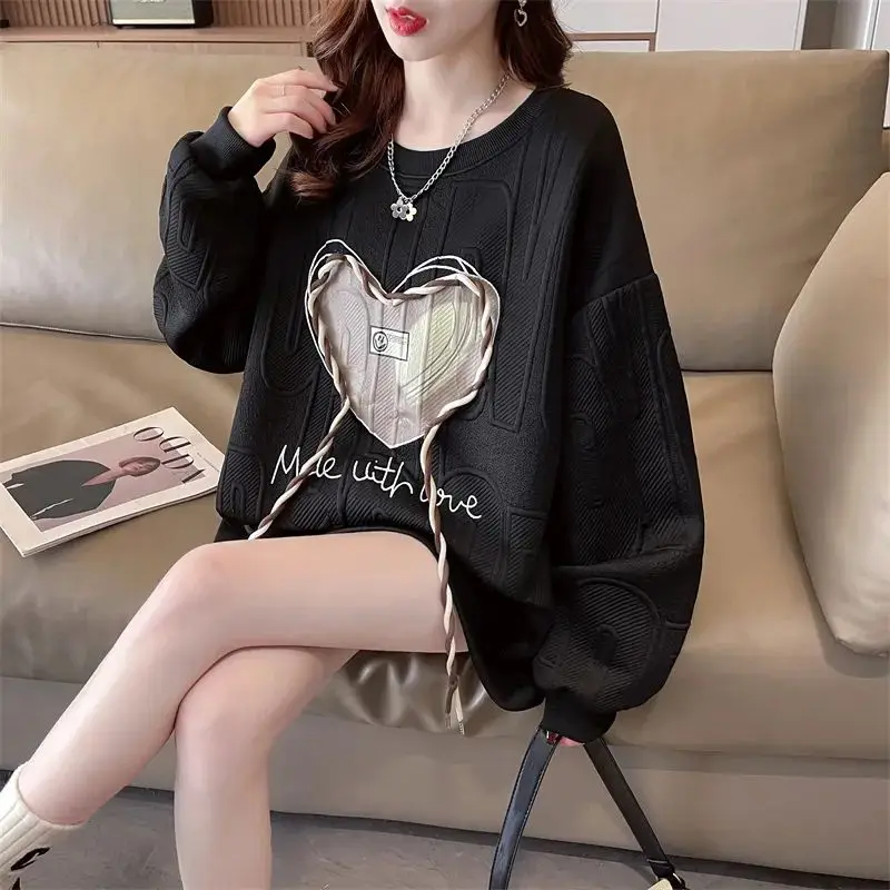 Autumn Oversized Women Clothing Casual Printing O-neck Long Sleeve Sweatshirts Female All-match Bright Line Decoration T-Shirts