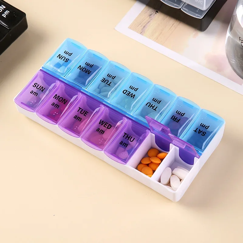 Pillendose 7-Tage-Wochen-Medikamenten-Aufbewahrungsbox Doppelreihig 14-Fächer-Tablettenspender Organizer mit Öffnungsdeckel Erste-Hilfe-Set-Behälter – Detail 13