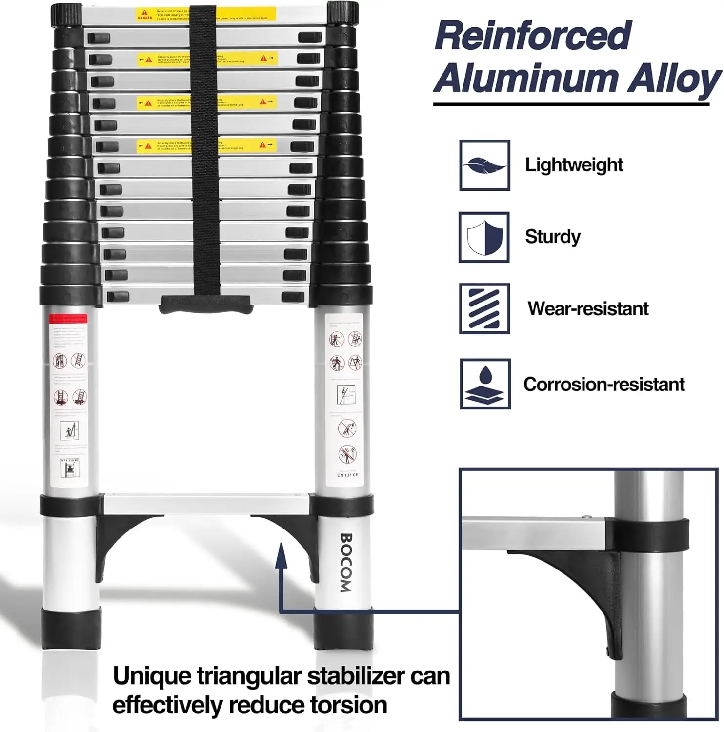 Escalera telescópica de aluminio de 14,5 pies, extensión plegable multiusos ligera con 2 estabilizadores triangulares, Du pesado