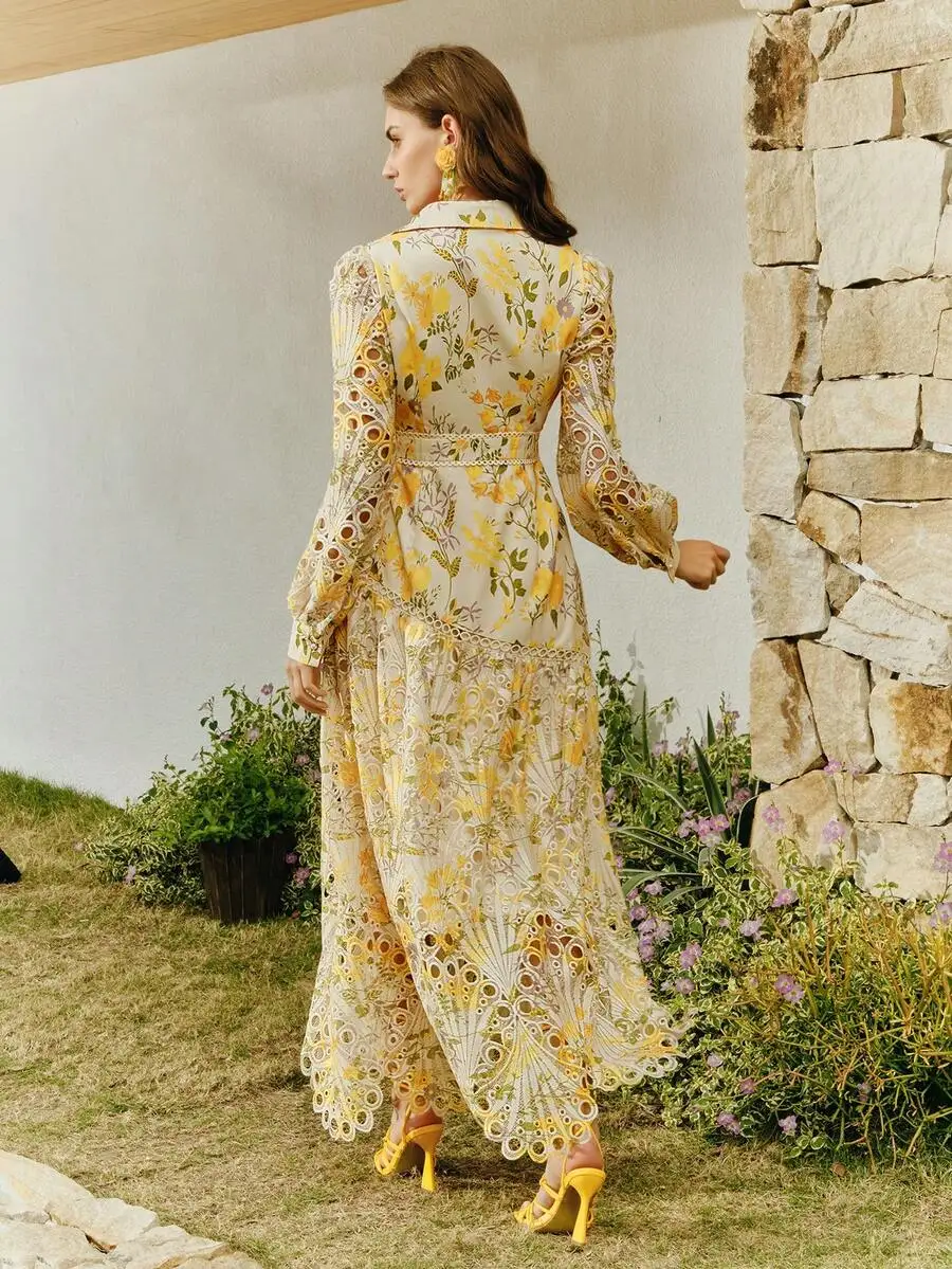 

Elegant Shirt Collar Long Sleeve Hollow Lace Floral Print A-Line Dress For Women