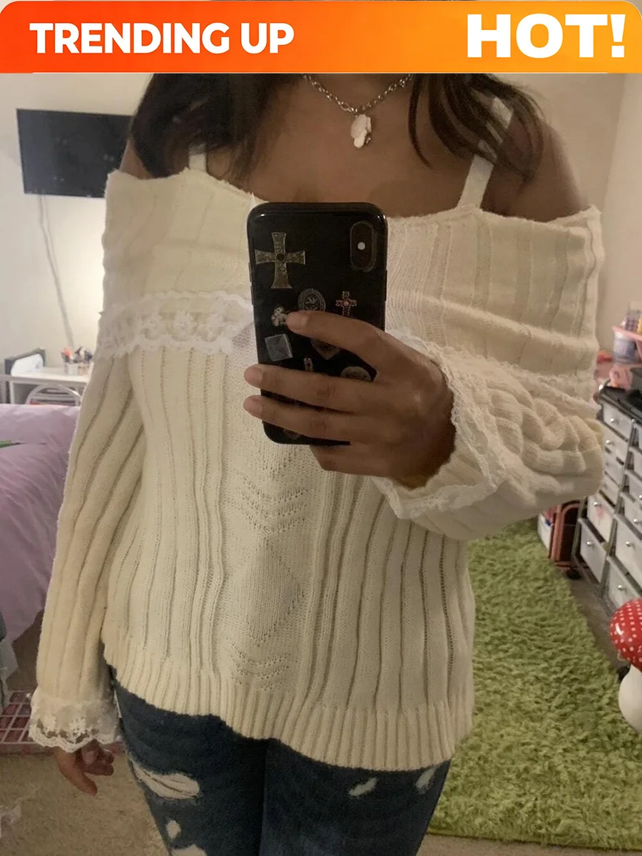 Women Long Sleeve Contrast Lace Knit Pullovers Autumn Winter Cold Shoulder Sweaters Bow Front Jumper Tops Beige/Pink