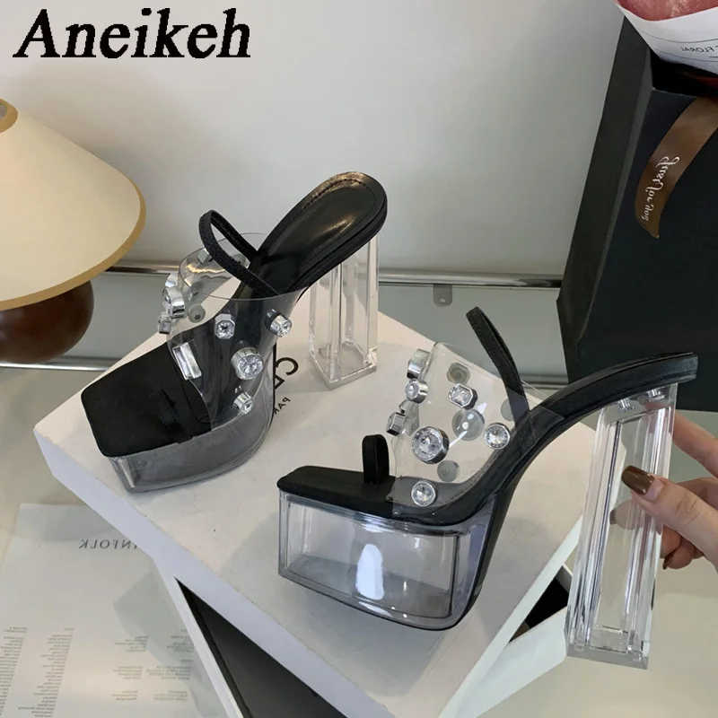 

Aneikeh Sexy 2024 summeNew Platform Heels Chunky Water Diamond Decorative Crystal Heel 14CM High Heel Women's Sandals Size 35-42