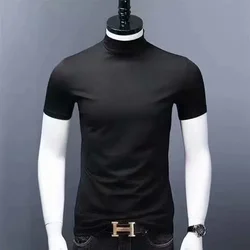 Men's Polo/turtle Neck Short Sleeve T-shirt Silk Cotton Thin Summer Men's Inner Trendy Flow Middle Neck Base Layer Top