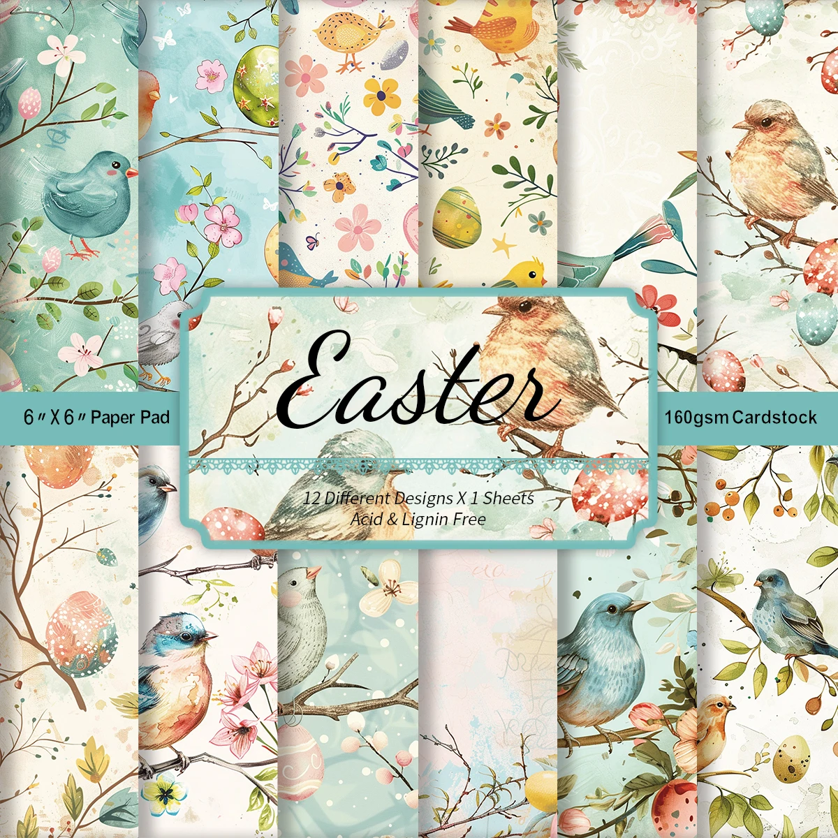 12pcs Easter Chick & Vintage Floral Egg Scrapbook Paper,Single-side Decorative Paper Pad for Card Making,Journaling,DIY Projects