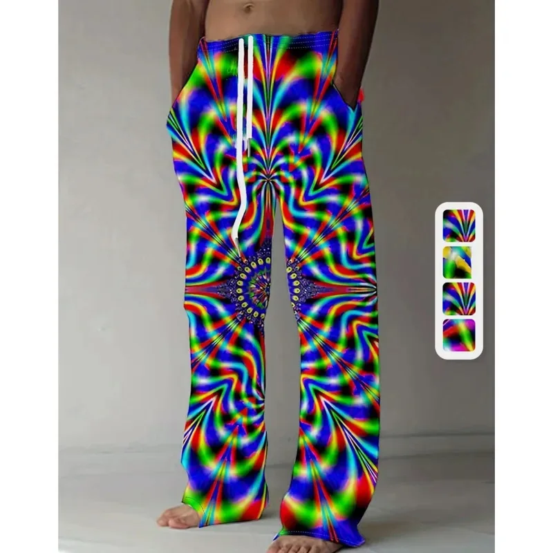 

2025 New Men's Pants Summer Holiday Street Beach Pants Drawstring Pocket Casual Pants Abstract Texture Printed Men's Pants
