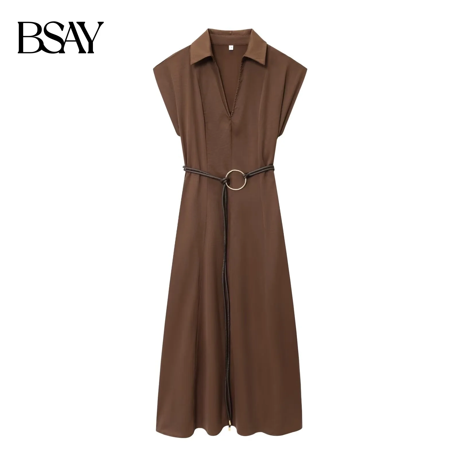 BSAY Herbst Neue Kollektion 2025, Damen-Midikleid im Urlaub am Meer, V-Ausschnitt, ärmellos, A-Linie, einfarbig, Gürtel