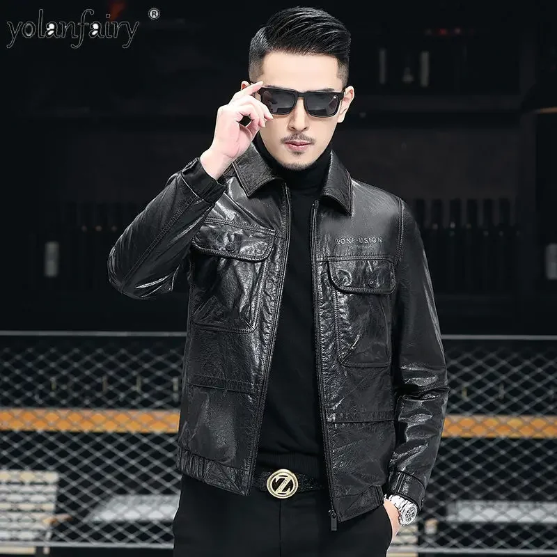 Men's Genuine Leather Jacket Men Pure Calfskin Oil Wax Motorcycle Jackets Male Short Lapel Casual Outwears Leren Jas Heren FCY