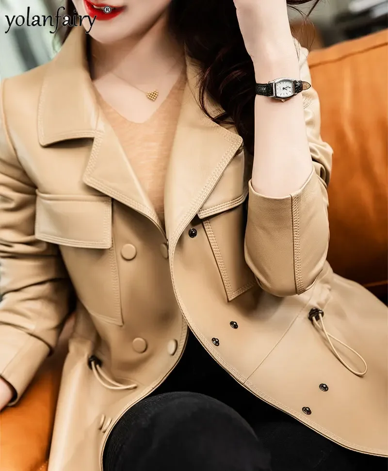 New Spring 2023 Genuine Leather Jackets Women Short Waist Drawstring Natural Sheepskin Women\'s Leather Jacket Suit Collar Coat