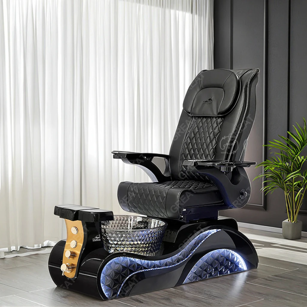 

Nail Salon Furniture Equipment Black Golden Electric Reclining Massage Manicure Foot Spa Luxury Pedicure Chairs With Led Lights