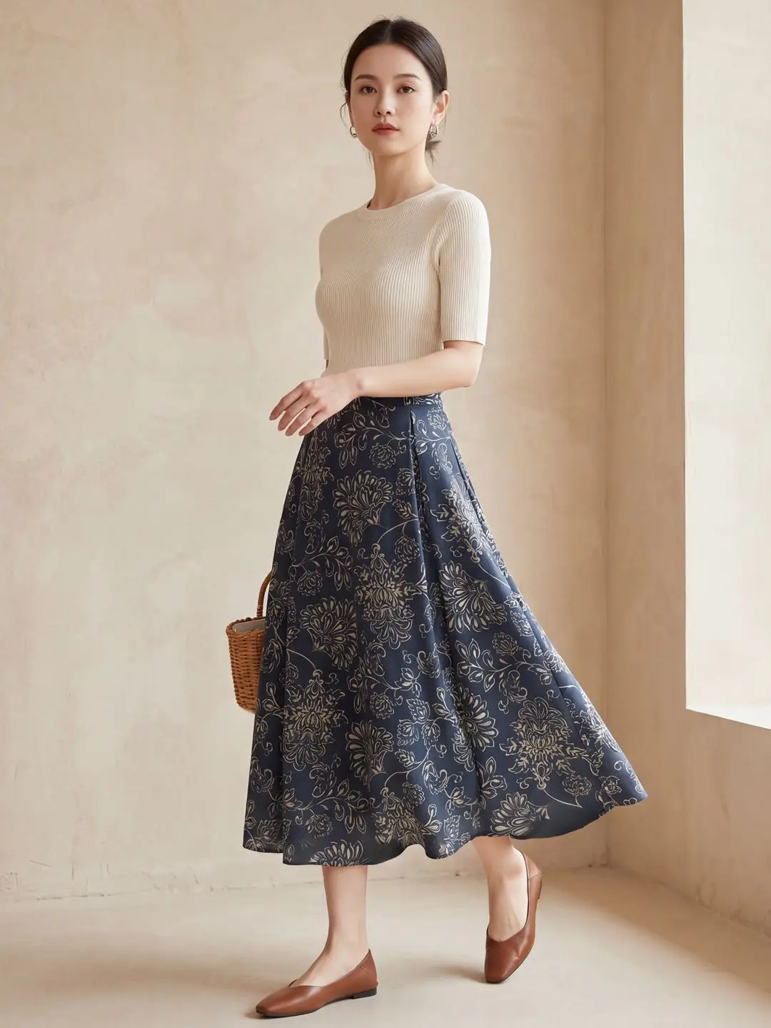 Women's 100% Mulberry Silk Midi Skirt with Retro Print and Full A-Line Silhouette Elegant and Fashionable 2026 Clothing