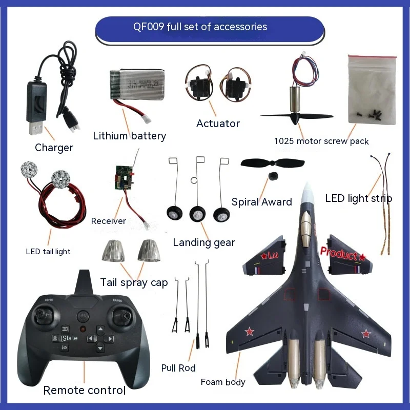 Qf009 Czterokanałowy zdalnie sterowany samolot Su35 Airframe Steering Engine Led Light Propeller Motor Akcesoria Montaż Samolot