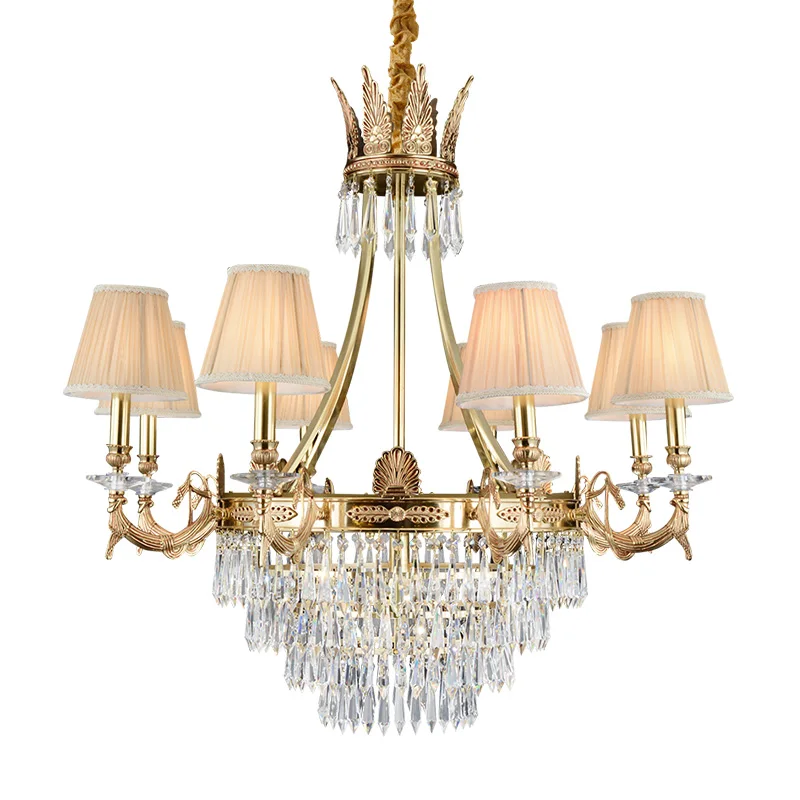 

DINGFAN European Style All Copper Fabric Lampshade Crystal Chandelier Living Bedroom Hotel Dining Decorative Pendent Light