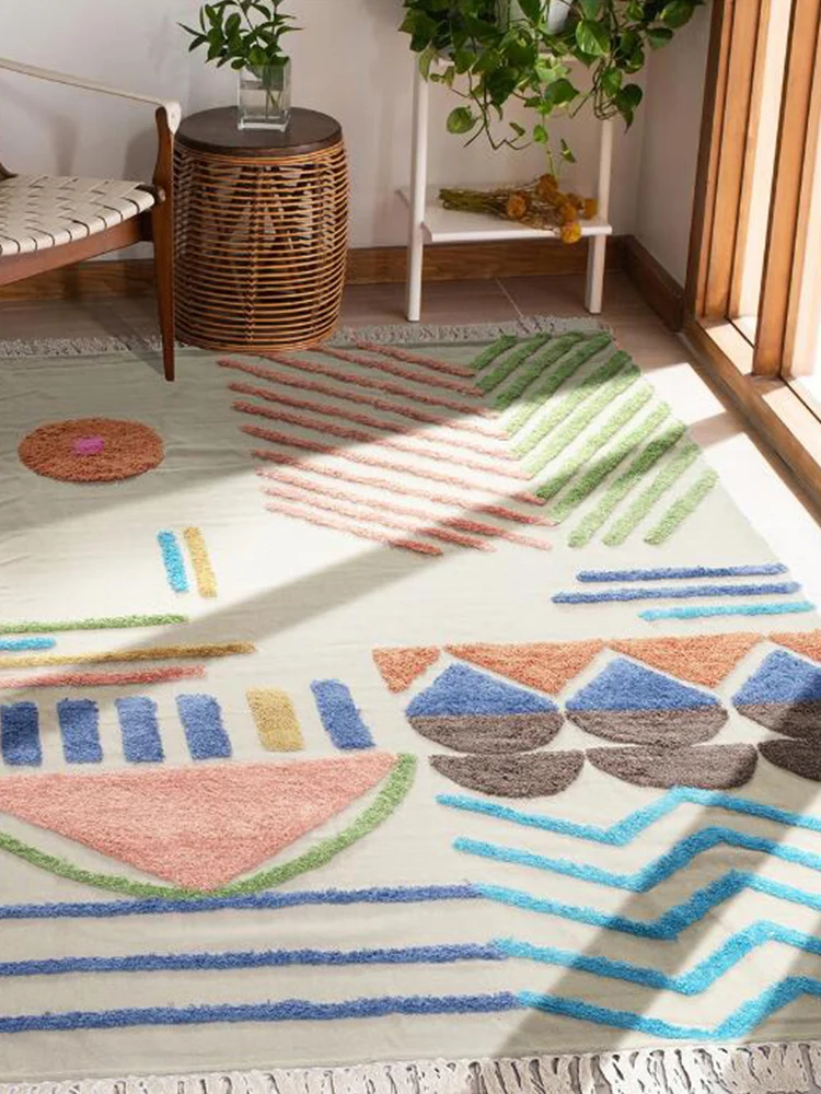 Moroccan Retro Carpet Living Room Hand Woven Cotton Bedroom Tassel Floor Mats Large Area Rug Bohemian Ethnic Carpets