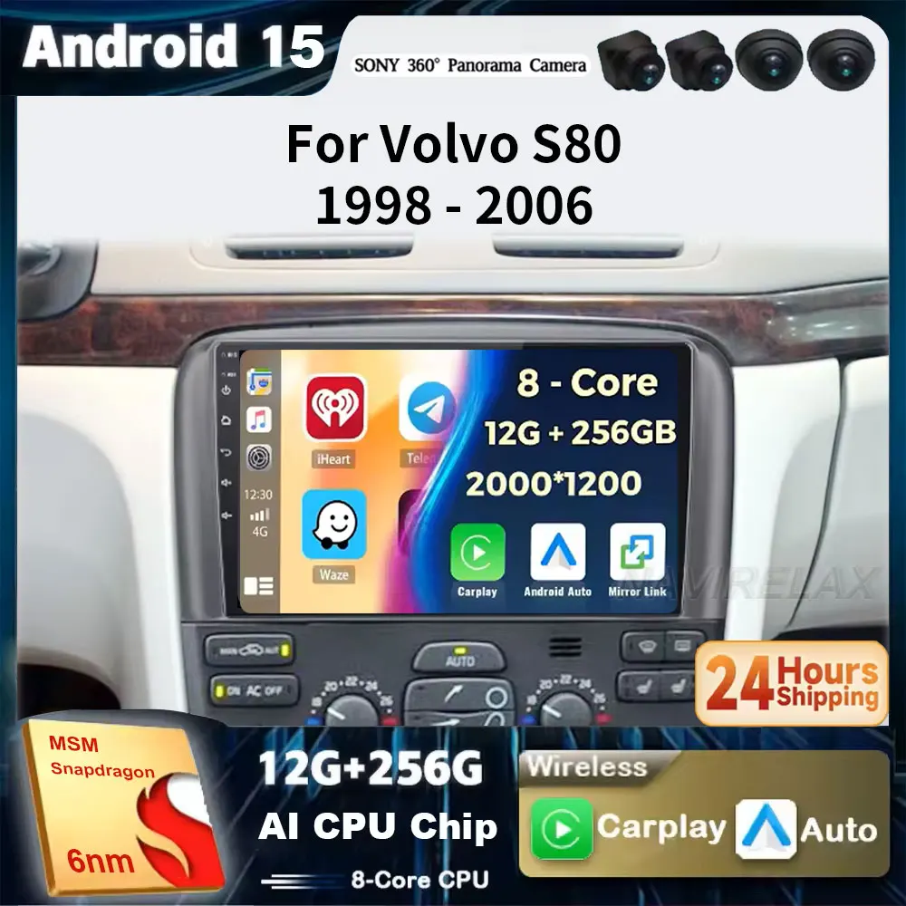 

Android 15, беспроводной автомобильный радиоприемник CarPlay для Volvo S80 1998-2006, мультимедийный видеоплеер, GPS 5G, WIFI QLED BT DVD