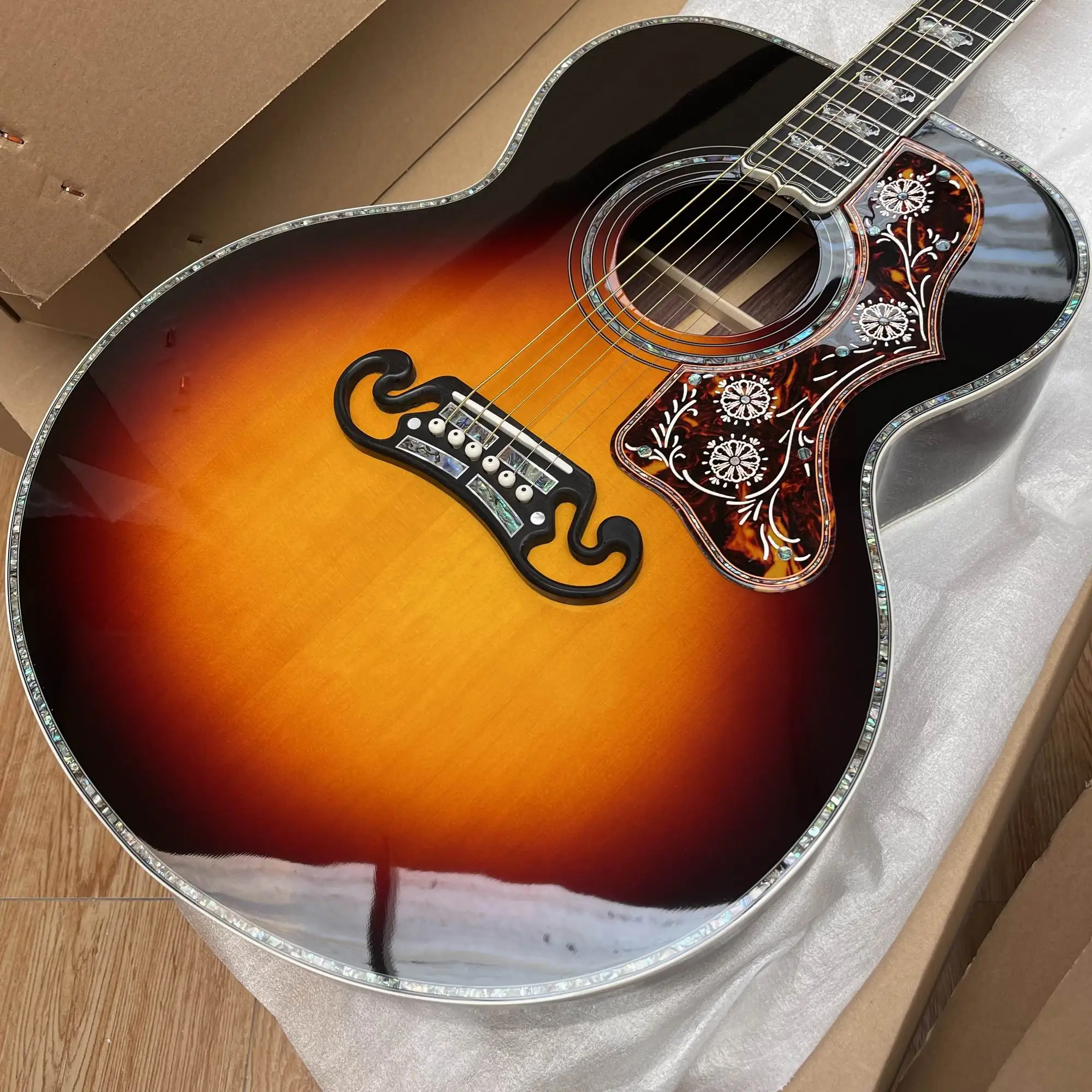 New 43# J200 KING Model Jumbo Acoustic Guitar All Solid Wood Bone Nut/Saddle Ebony Fingerboard/Bridge Real Abalone In Sunburst